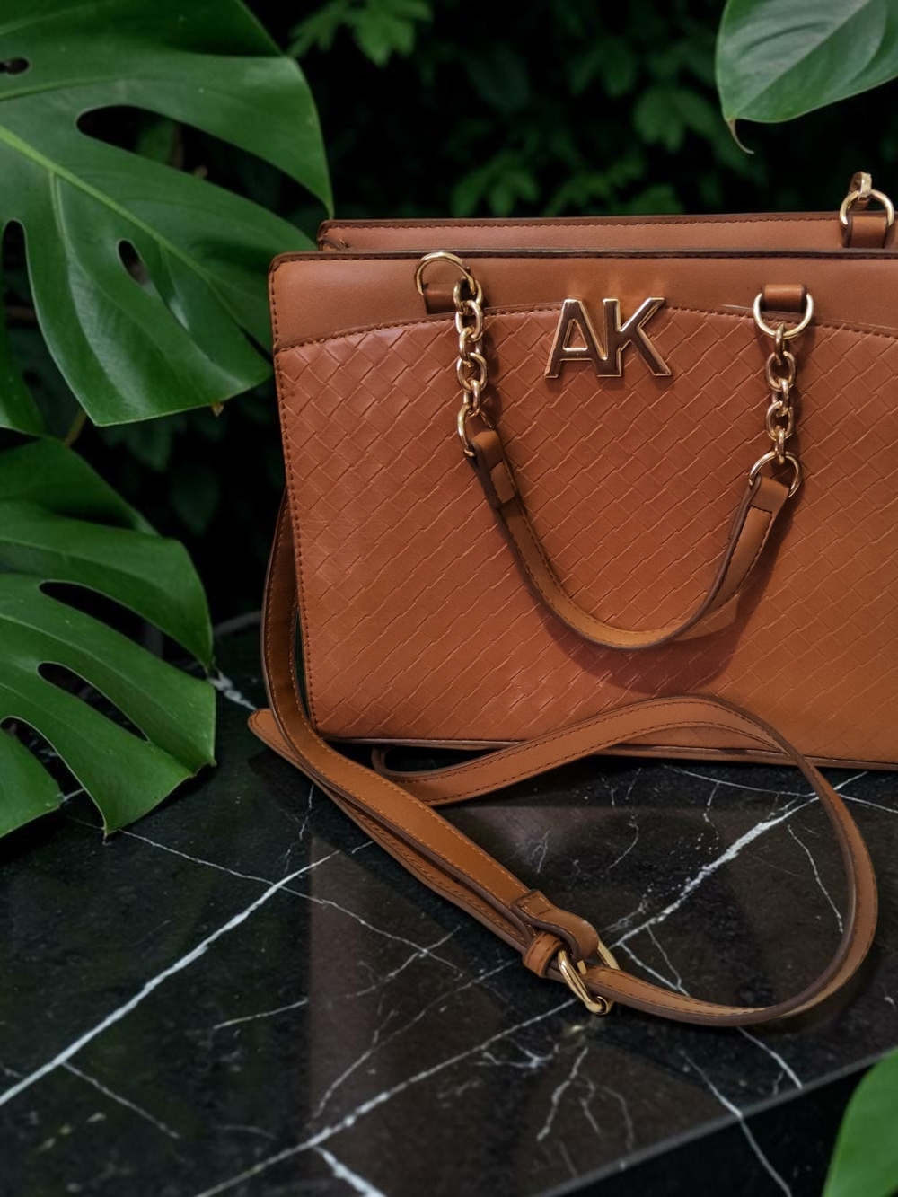 Anne Klein Woven Satchel in Cognac Brown with Gold Hardware